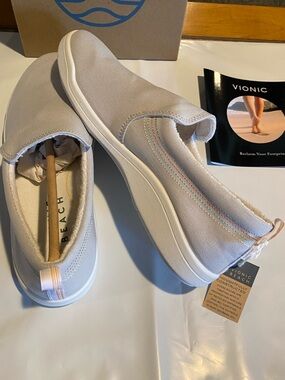 Vionic Slip-On Sneakers in Light Grey with Pastel Stitching
